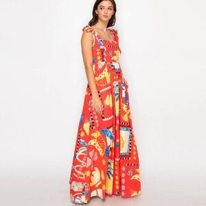 Love Wednesday Cotton Tropical Print Smocked Maxi Dress Red Women's Size Large